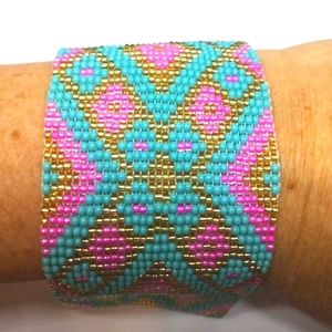 Handmade beaded cuff bracelet pink, turquoise and gold geometric pattern